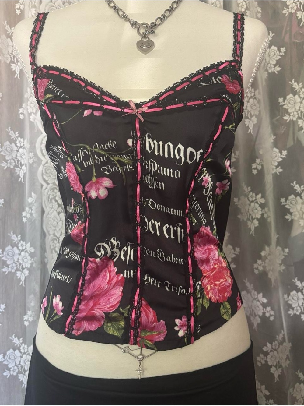 Morgan De Top Black Floral Script Lace-Trim Corset Top with Pink Accents Ribbon